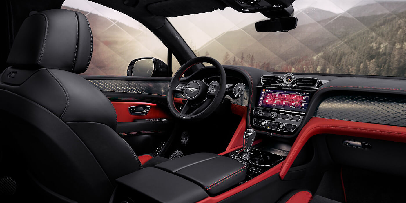 Gohm Sportwagen GmbH | Bentley Singen Bentley Bentayga S SUV front interior in Beluga black and Hotspur red hide