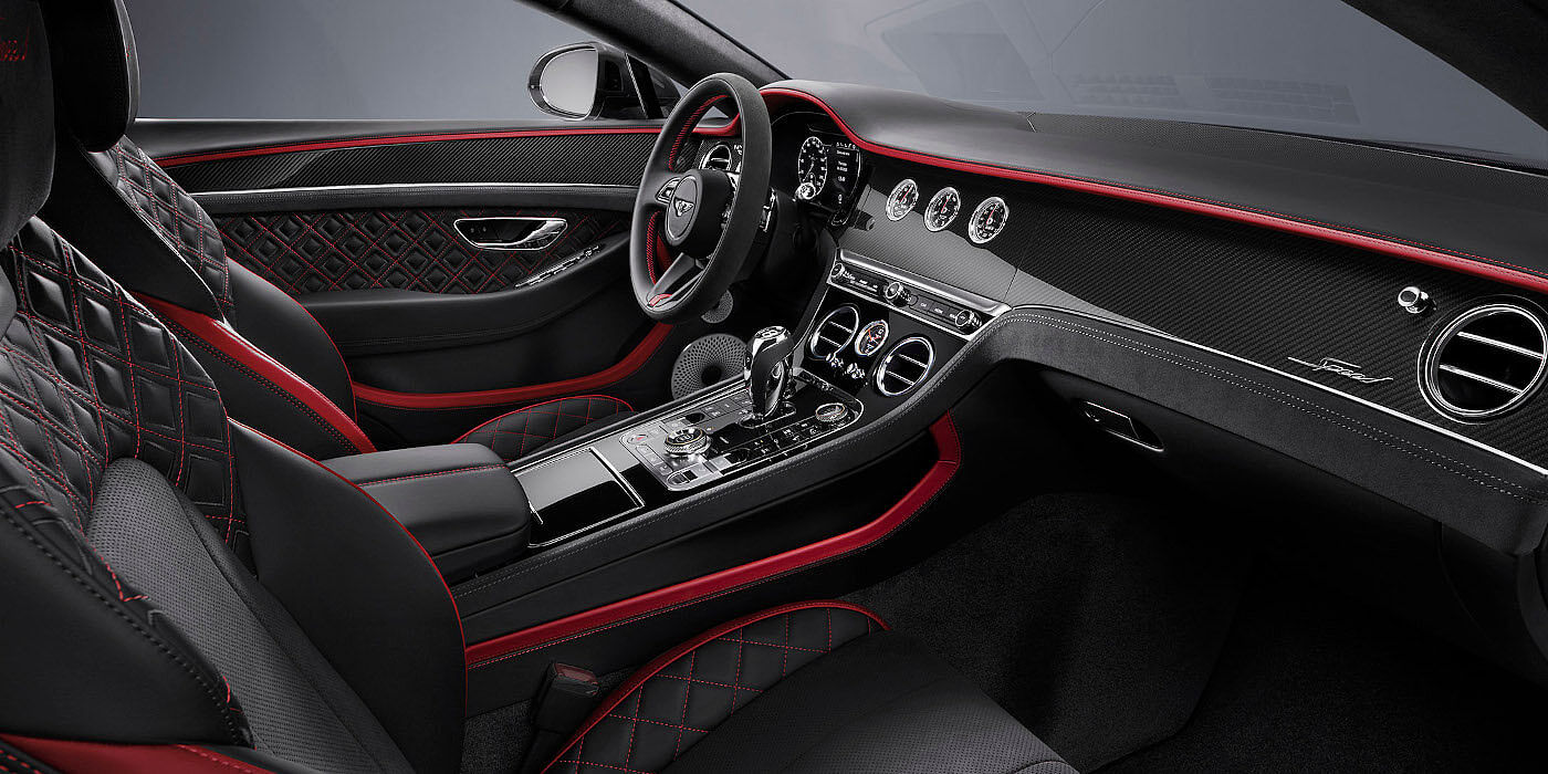Gohm Sportwagen GmbH | Bentley Singen Bentley Continental GT Speed coupe front interior in Beluga black and Hotspur red hide