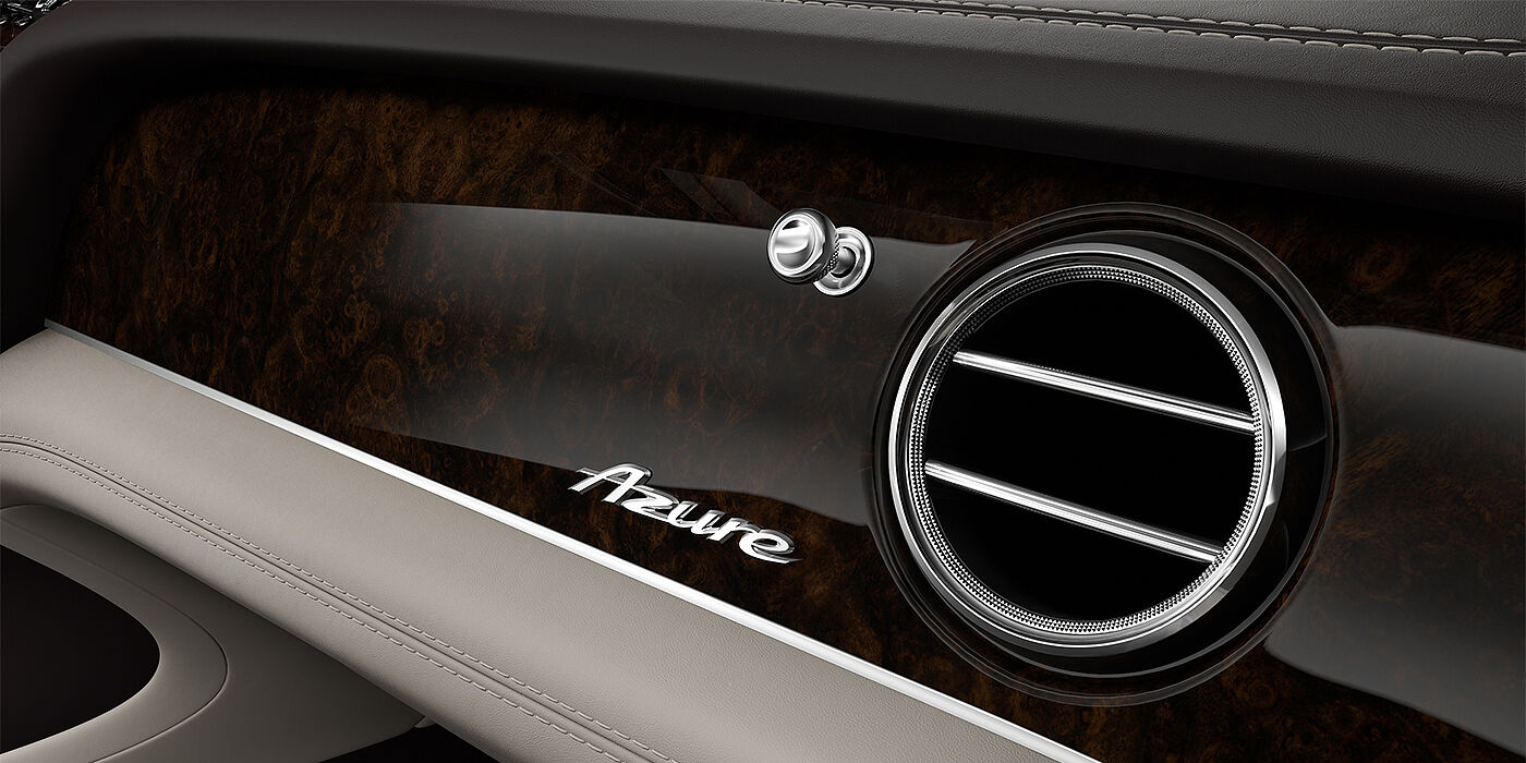 Gohm Sportwagen GmbH | Bentley Singen Bentley Bentayga EWB Azure SUV veneer detail in Dark Stained Burr Walnut with Azure chrome fascia badge