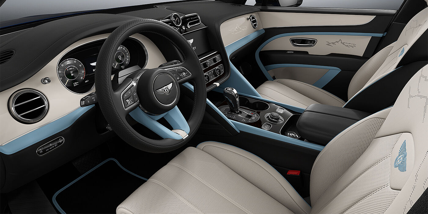 Gohm Sportwagen GmbH | Bentley Singen Bentley Bentayga Artenara Edition SUV front cabin in Linen and Beluga Black hides with Light Blue accents and Piano Linen veneer