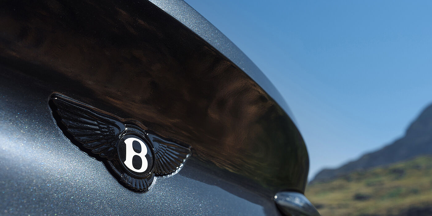 Gohm Sportwagen GmbH | Bentley Singen Bentley Continental GT coupe in Thunder paint boot badge detail in bright sunlight