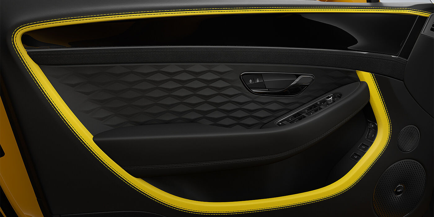 Gohm Sportwagen GmbH | Bentley Singen Bentley Continental GT Speed coupe door detail in Cyber yellow and Beluga black hides