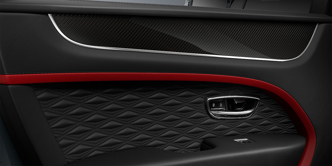 Gohm Sportwagen GmbH | Bentley Singen Bentley Bentayga Speed SUV door interior detail in Pillar Box Red and Beluga black hides with Carbon Fibre veneer