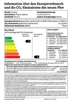 Bentley Continental GT S 2025 information über den energieverbrauch und die co2-emissionen des neuen pkw