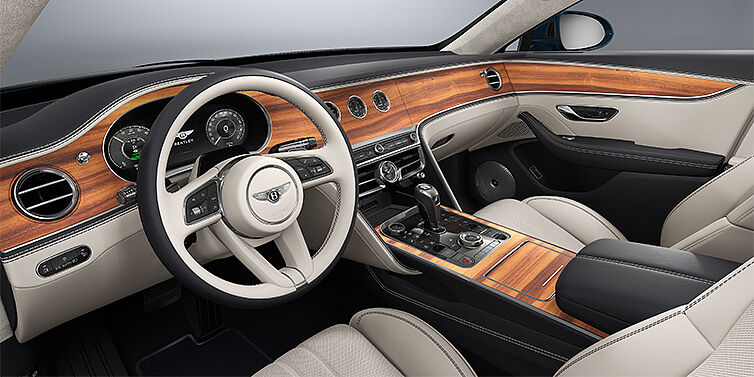 Gohm Sportwagen GmbH | Bentley Singen New Bentley Flying Spur sedan front interior in Linen and Imperial Blue hides with Open PoreKoa veneer