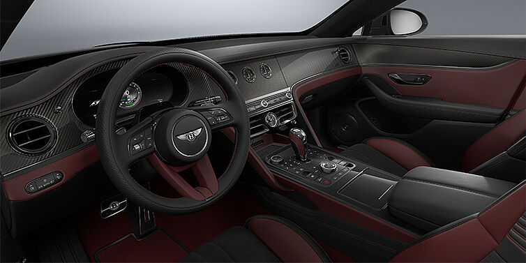 Gohm Sportwagen GmbH | Bentley Singen New Bentley Flying Spur S sedan front interior in Cricket Ball red and Beluga Black hides with Diamond Brushed Dark Tint Aluminium veneer