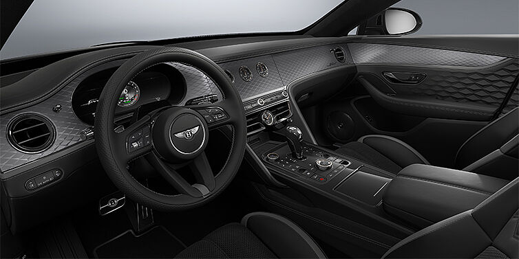 Gohm Sportwagen GmbH | Bentley Singen New Bentley Flying Spur Speed sedan front interior in Gravity Grey and Beluga Black hides with Diamond Brushed Dark Tint Aluminium veneer