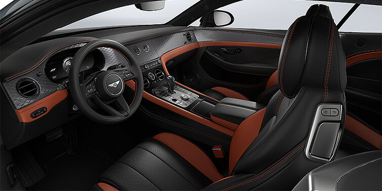Gohm Sportwagen GmbH | Bentley Singen Bentley Continental GT Coupé vorne Innenraum in Newmarket Tan und Beluga Black Leder mit Diamond Brushed Dark Tint Aluminium Furnier