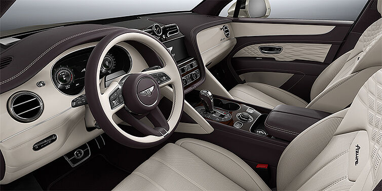 Gohm Sportwagen GmbH | Bentley Singen Bentley Bentayga Azure SUV front interior in Linen and Damson hides with Piano Linen veneer