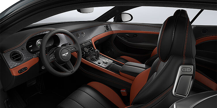 Gohm Sportwagen GmbH | Bentley Singen Bentley Continental GT coupe front interior in Newmarket Tan and Beluga black hides with Diamond Brushed Dark Tint Aluminium veneer