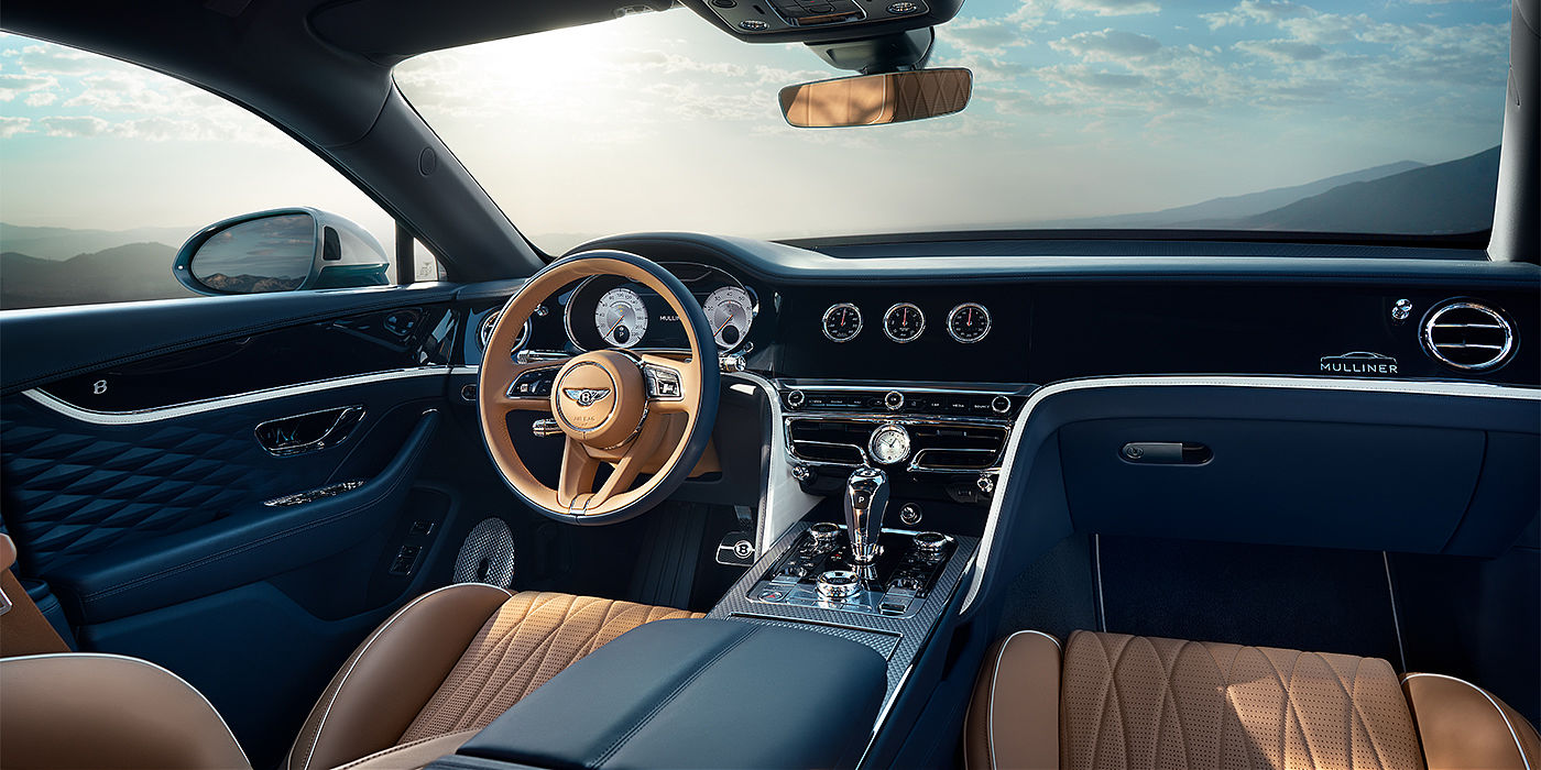 Gohm Sportwagen GmbH | Bentley Singen Bentley Flying Spur Mulliner sedan front interior in Camel and Imperial Blue hide