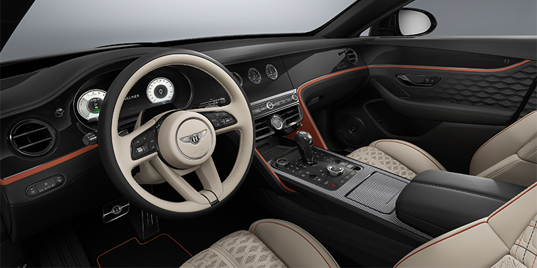 Gohm Sportwagen GmbH | Bentley Singen New Bentley Flying Spur Mulliner sedan front interior in Portland and Beluga Black hides with Grand Black veneer