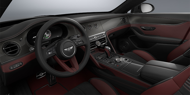 Gohm Sportwagen GmbH | Bentley Singen New Bentley Flying Spur S sedan front interior in Cricket Ball red  and Beluga Black hides with Diamond Brushed Dark Tint Aluminium veneer