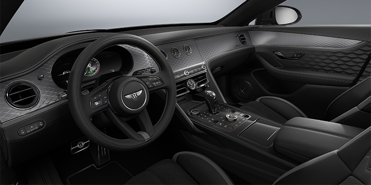 Gohm Sportwagen GmbH | Bentley Singen New Bentley Flying Spur Speed sedan front interior in Gravity Grey and Beluga Black hides with Diamond Brushed Dark Tint Aluminium veneer