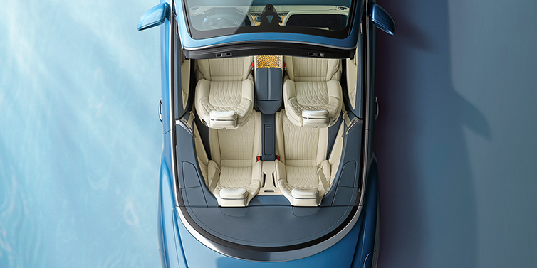 Gohm Sportwagen GmbH | Bentley Singen New Bentley Continental GTC Azure convertible in Light Windsor blue paint overhead view of cabin with stitched Linen and Brunel hides