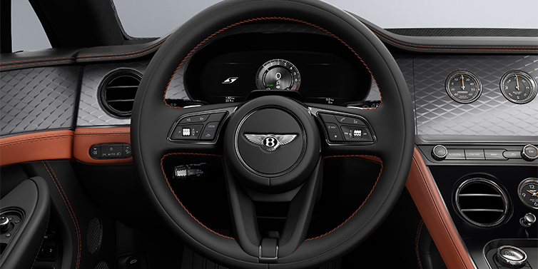 Gohm Sportwagen GmbH | Bentley Singen Bentley Continental GT coupe steering wheel and dash in Newmarket Tan and Beluga black hides with Diamond Brushed Dark Tint Aluminium veneer